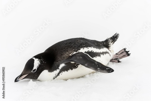 A penguin tripping over its own feet and falling flat on its belly.  photo