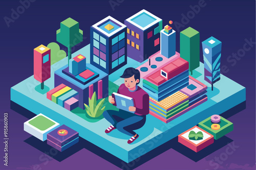 A young person sits quietly, absorbed in reading, surrounded by colorful buildings and greenery in a vibrant isometric environment