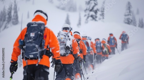 Climbers Trekking Through Snowy Mountains in Winter Conditions