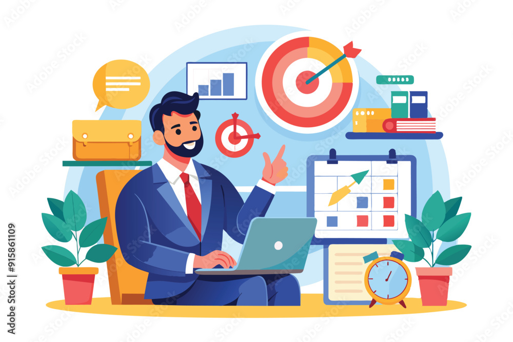 A businessman analyzes a calendar and target graphics, discussing plans and strategies in a modern workspace filled with plants and office supplies A businessman analyzes a calendar and target graphics, discussing plans and strategies in a modern workspace filled with plants and office supplies