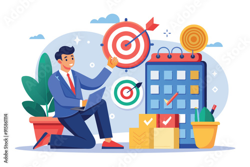 A businessman is actively organizing his calendar while focusing on hitting target goals in a vibrant office environment