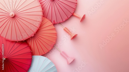 Colorful Paper Umbrellas Displayed on Soft Pink Background in Artistic Arrang...