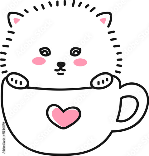 Cute fluffy dog, spitz puppy pomeranian spitz. Small funny dog in a cup. Doodle drawing by hand. Linear graphics. Vector illustration isolated on transparent background.