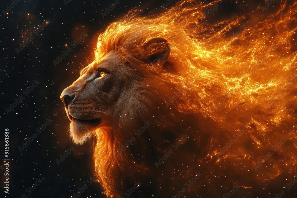 Naklejka premium majestic lion with flowing mane transformed into divine being radiating golden light cosmic stars swirling in background