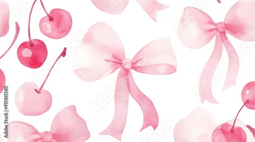 A pink watercolor pattern with cherries and bows on a white background.