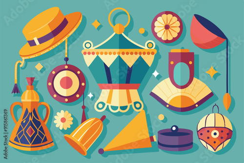 A collection of various decorative accessories arranged creatively with bright colors and geometric designs on a teal background