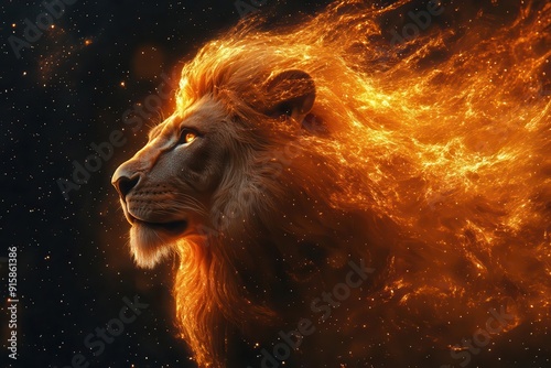 majestic lion with flowing mane transformed into divine being radiating golden light cosmic stars swirling in background