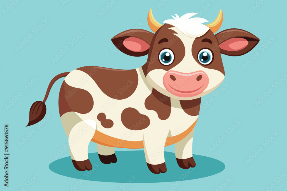 A charming dairy cow stands cheerfully with a gentle expression on a soft blue backdrop, showcasing its unique spots and playful demeanor A charming dairy cow stands cheerfully with a gentle expression on a soft blue backdrop, showcasing its unique spots and playful demeanor