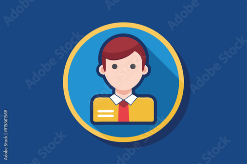A user profile icon features a person with a yellow shirt and red tie, set against a blue circular background, showcasing customizable design elements for digital use