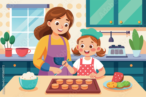A mother and her child happily bake cookies, sharing joyful moments in their bright, inviting kitchen filled with colorful ingredients