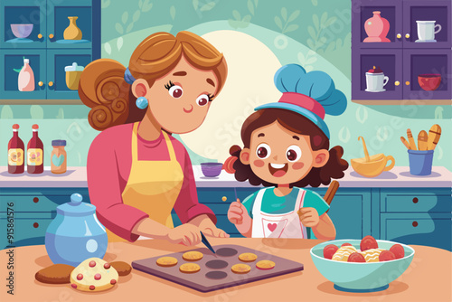 A mother and child happily bake cookies in a cheerful kitchen filled with colorful utensils and fresh ingredients