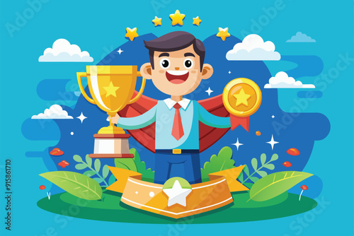 A joyful cartoon character holds a trophy and a medal, celebrating a significant achievement in a bright and colorful outdoor environment