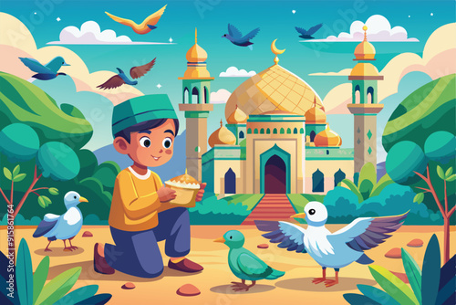 A child kneels outside a mosque, happily feeding birds in a peaceful outdoor setting surrounded by trees and a clear sky