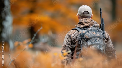 Hunter Walking Through Autumn Forest With Backpack and Rifle