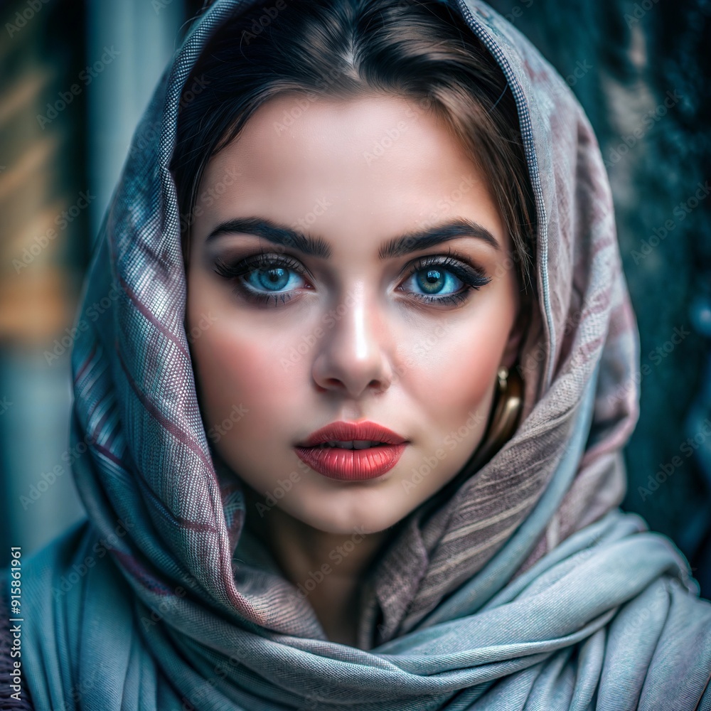 A woman with blue eyes wearing a headscarf poses in a softly lit urban setting during the golden hour. Generative AI A woman with blue eyes wearing a headscarf poses in a softly lit urban setting during the golden hour. Generative AI