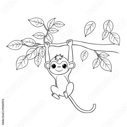 Coloring page outline of a monkey hanging a branch on a tree on an Isolated transparent background. generated with AI photo