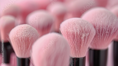 Close-Up of Soft Blush Makeup Brush on a Vanity Table With Other Brushes
