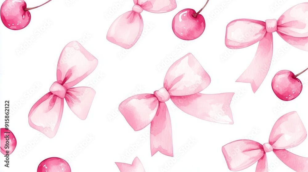 A pink watercolor pattern with cherries and bows on a white background. A pink watercolor pattern with cherries and bows on a white background.
