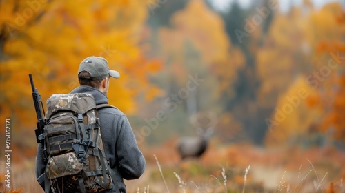 Hunter Walking Through Autumn Forest With Backpack and Rifle