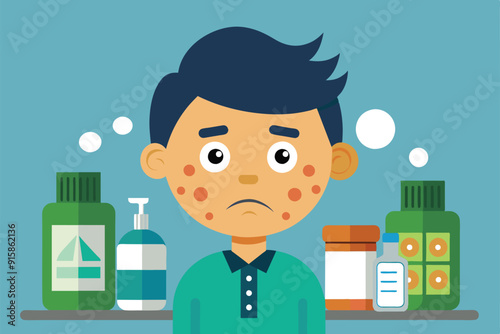 A young person looks concerned while surrounded by various acne treatment products in a colorful room