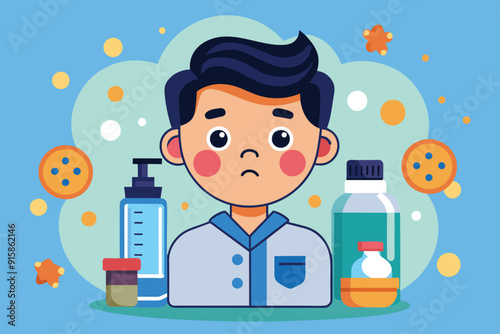 A young person with acne expression surrounded by various skincare products in a cheerful cartoon style, promoting customizable treatment options at home