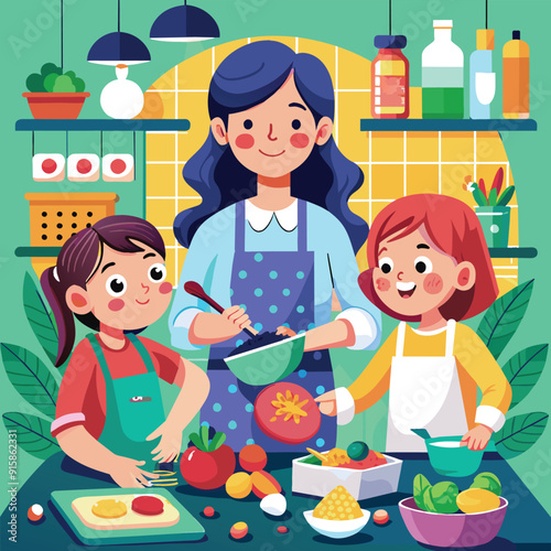 A mother teaches her daughters to cook as they prepare colorful vegetables and ingredients together in a sunny kitchen filled with joyful energy
