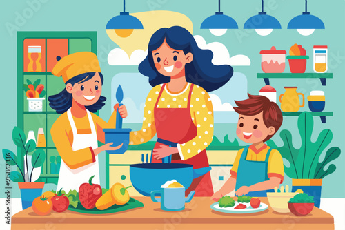 A mother and her children joyfully prepare a meal in a vibrant kitchen filled with fresh ingredients and plants