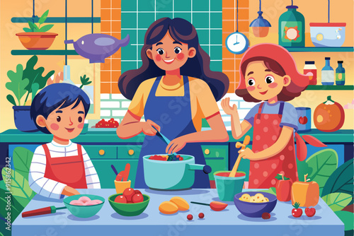 A mother and her two children joyfully prepare a meal, mixing ingredients in a pot while surrounded by fresh vegetables and kitchen tools