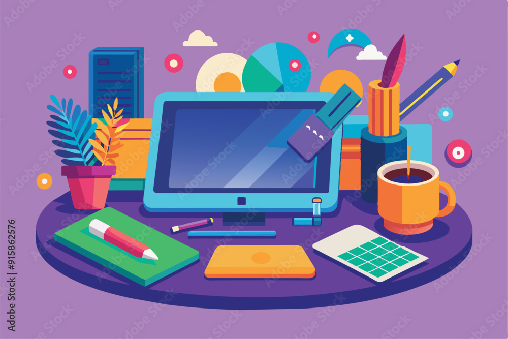 A vibrant workspace showcases an oversized drawing tablet, colorful office supplies, and a cup of coffee, enhancing the creative atmosphere A vibrant workspace showcases an oversized drawing tablet, colorful office supplies, and a cup of coffee, enhancing the creative atmosphere