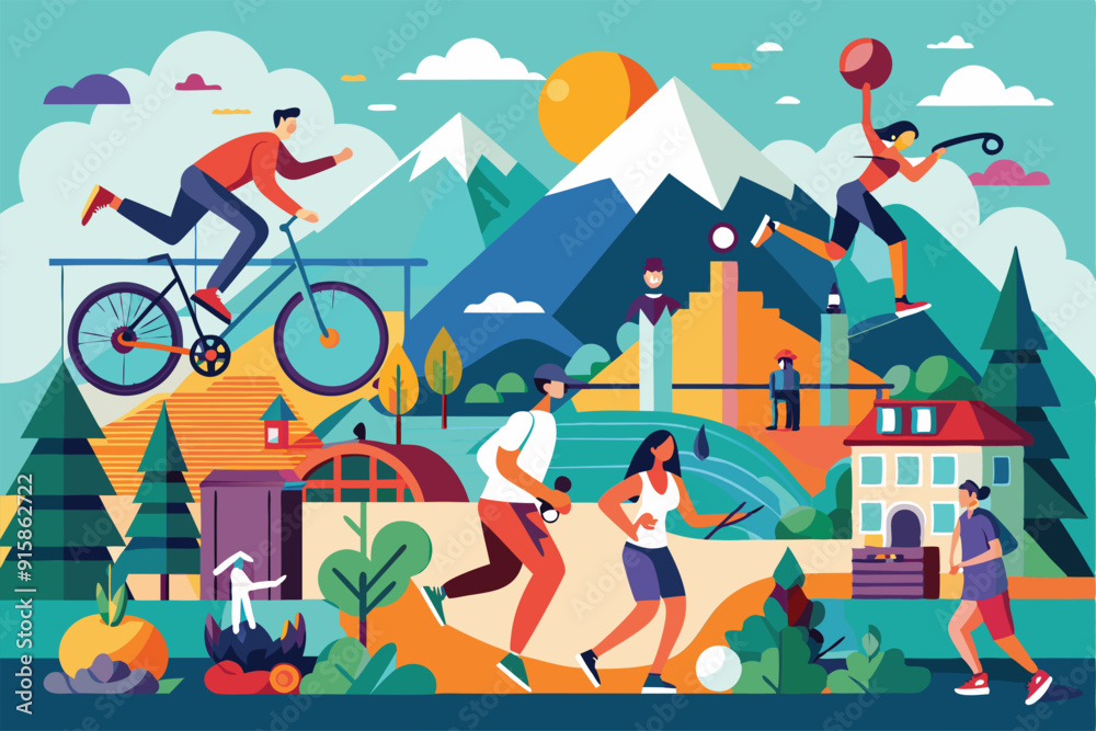 Obraz premium Diverse individuals engage in outdoor activities, including cycling, running, and playing sports, against a backdrop of mountains and greenery