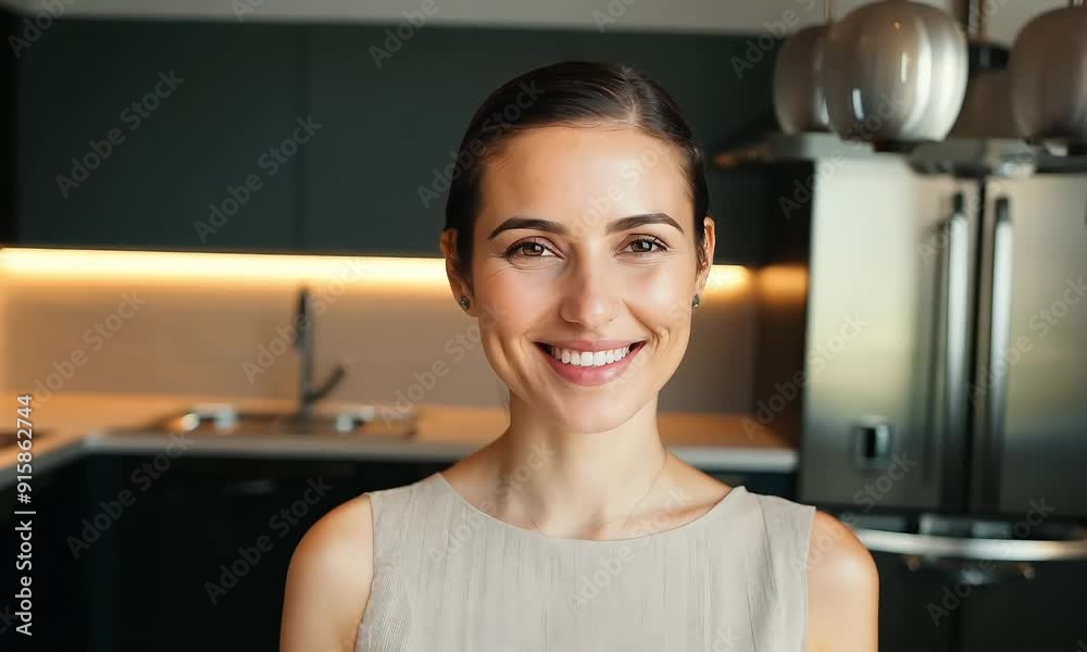 Smiling woman standing in a kitchen, looking directly at the camera with a welcoming expression
Smiling woman standing in a kitchen, looking directly at the camera with a welcoming expression