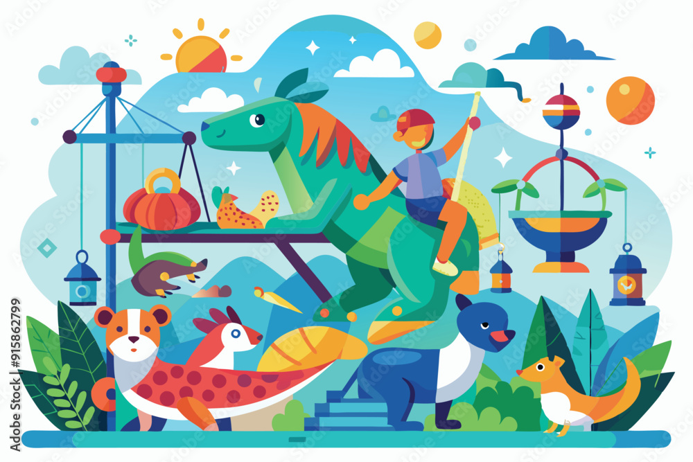 Naklejka premium A young person rides a whimsical dinosaur among cheerful animals, enjoying playful moments in a bright, lively garden full of fruits and decorations