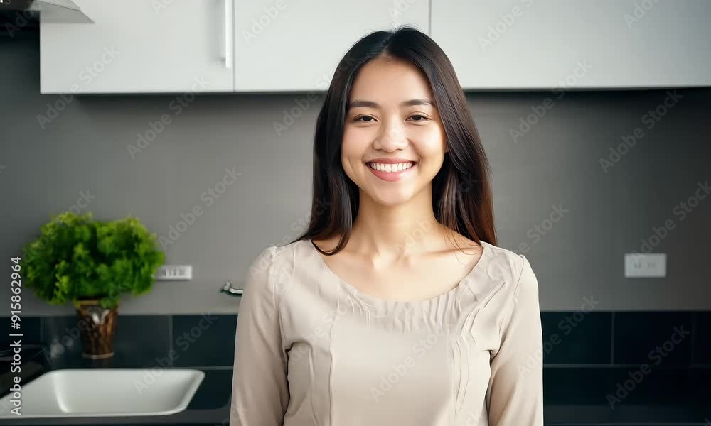 Smiling woman in a modern kitchen, looking relaxed and content
