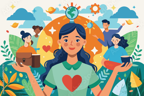 An activist engages with a community, promoting charitable initiatives and environmental awareness, surrounded by nature and supportive individuals