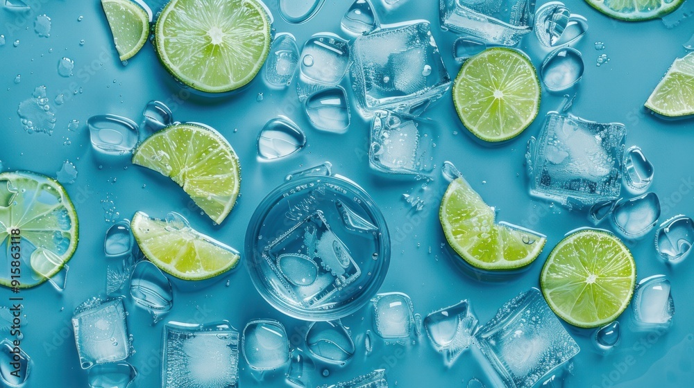 Refreshing Lime and Ice on Blue Background Refreshing Lime and Ice on Blue Background