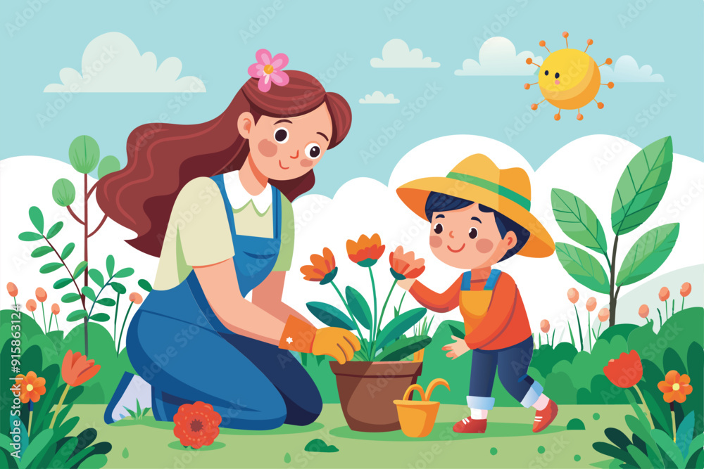 Naklejka premium A joyful mother and her young child are happily planting colorful flowers in a lush garden under a bright sun