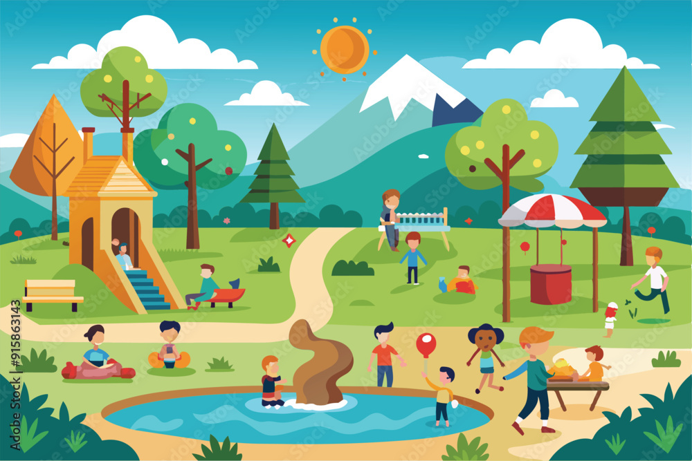 Families and friends engage in playful activities at the park, enjoying the sunny weather, sliding, playing games, and relaxing by the fountain