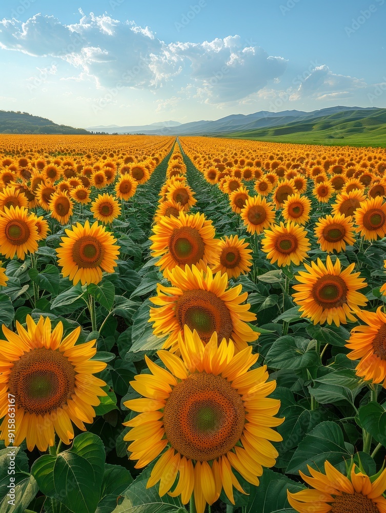 Fototapeta premium Vibrant field of blooming sunflowers under a blue sky. Rows of bright yellow flowers stretching to the horizon. Perfect for nature, agricultural, and floral-themed purposes. Stunning landscape. AI