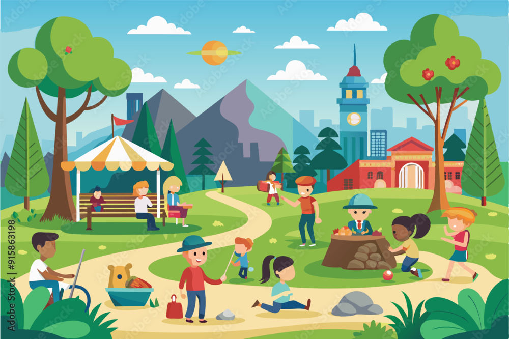 Families and children engage in various activities while enjoying a sunny day in a vibrant park filled with trees and mountains