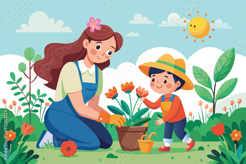 A joyful mother and her young child are happily planting colorful flowers in a lush garden under a bright sun
