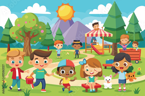 Children play and explore in a vibrant park filled with trees, flowers, and a playground, enjoying a sunny day with friends and their pets