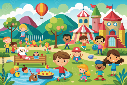 Children enjoy various activities in a vibrant park with playful animals, attractions, and a hot air balloon gracefully soaring above