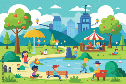 Families and children enjoy a sunny day at the park, playing games, feeding ducks, and relaxing under trees near a beautiful pond