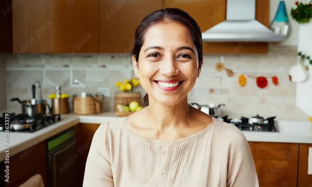 Smiling woman standing in a kitchen, looking directly at the camera with a welcoming expression
Smiling woman standing in a kitchen, looking directly at the camera with a welcoming expression