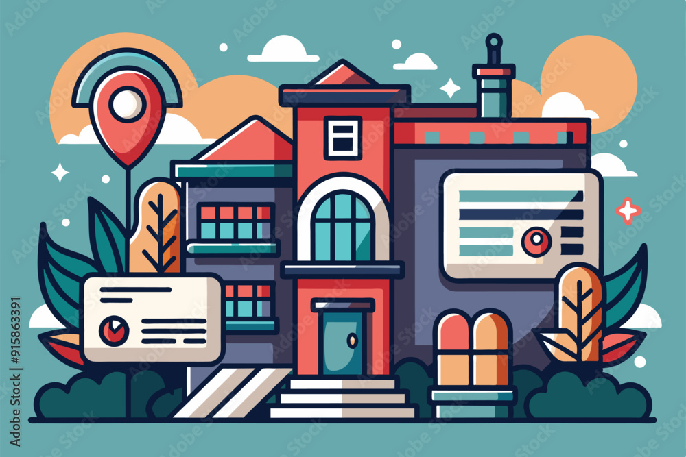 A colorful illustration showcases a stylish building with intricate details, surrounded by lush greenery and urban elements, under a bright sky A colorful illustration showcases a stylish building with intricate details, surrounded by lush greenery and urban elements, under a bright sky