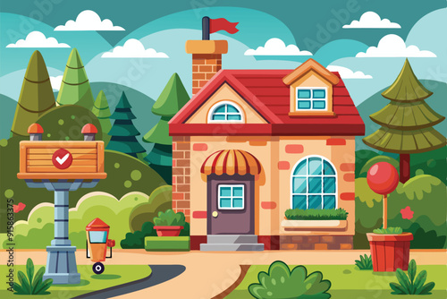 A colorful cartoon house nestled among trees and greenery, featuring a decorative mailbox and vibrant plants, set in a cheerful outdoor environment