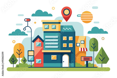 A vibrant illustration depicting various buildings with trees, a location marker, and a clear sky showcasing an urban neighborhood during the day