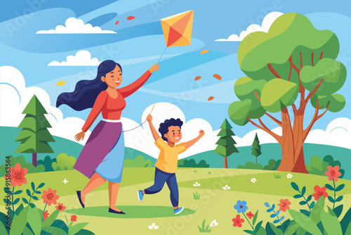 A mother joyfully flies a kite while her child runs happily alongside her in a lively park filled with trees and flowers