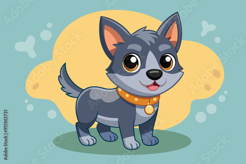 A cheerful cartoon dog stands happily, showcasing its friendly demeanor and bright personality, inviting families to consider adoption for a loving home