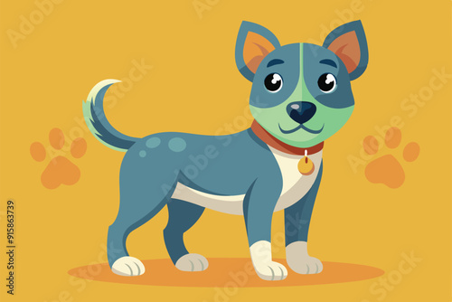 A friendly blue dog with a playful expression stands on a warm background, inviting viewers to consider adopting a pet for companionship and joy